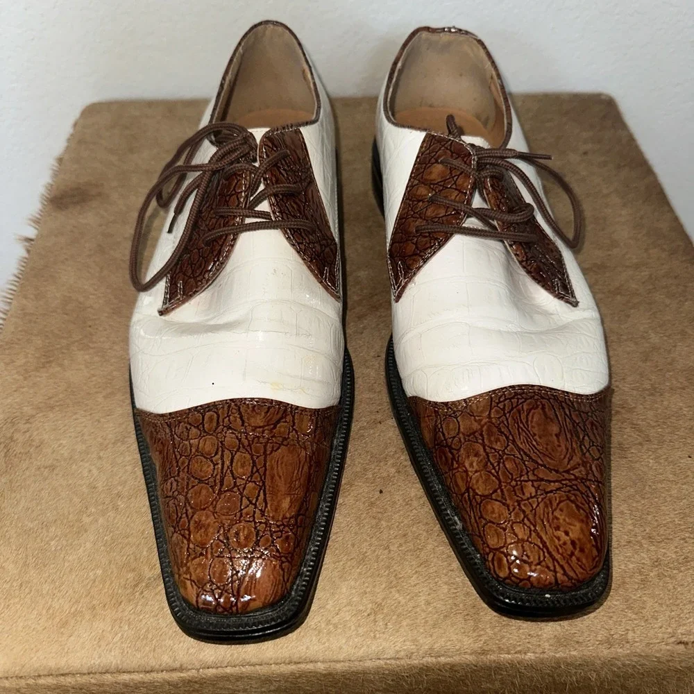 Roberto Chillini Brown & White Oxford Dress Shoes‎ Faux Leather Lace Up Mens 10